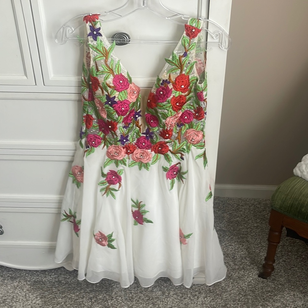 Jovani Floral Embroidered Mini Dress - White and Multicolor